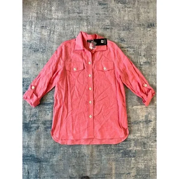 NWT! Jones New York Pink Linen Blend Shacket Jacket With Rolled Tab Small - Picture 2 of 9
